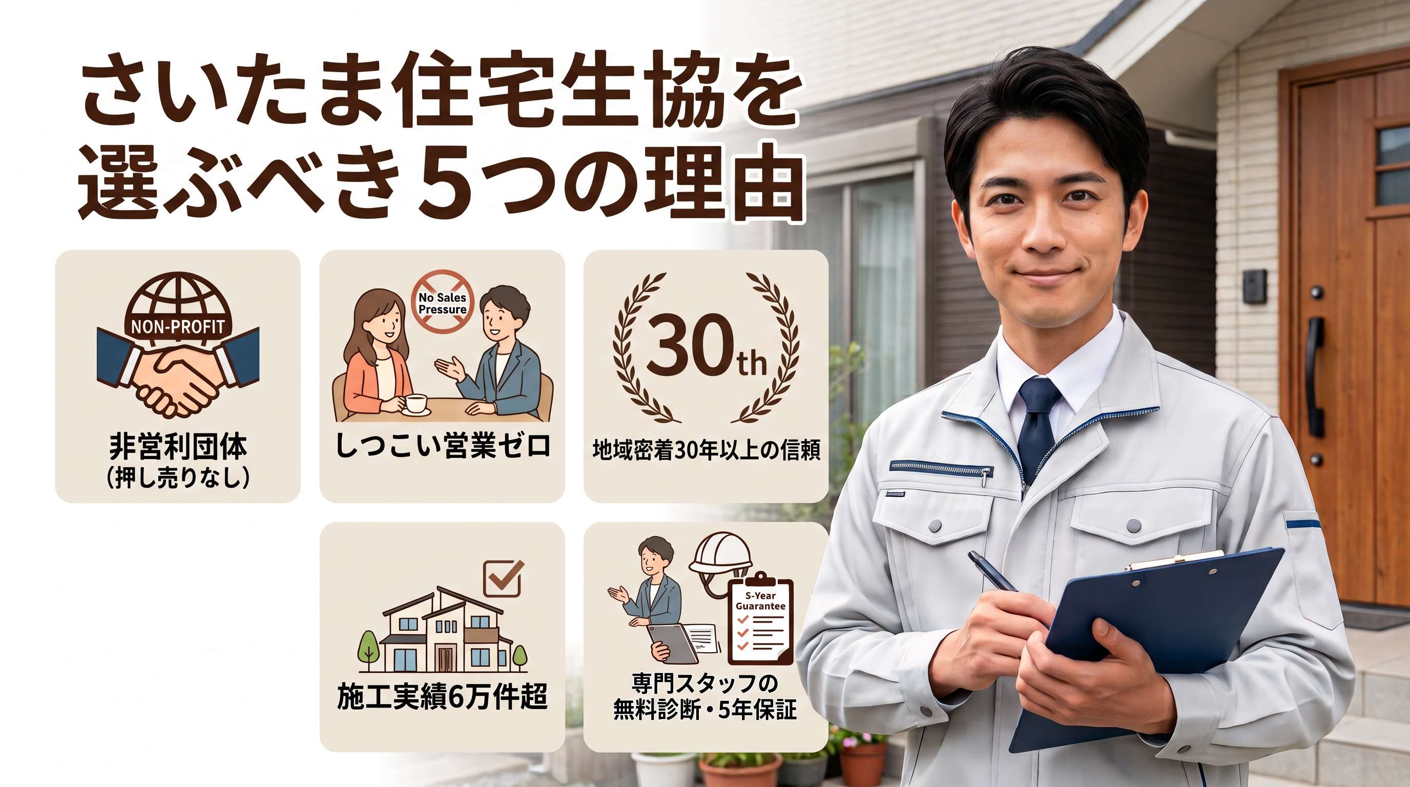 選ばれる5つの理由 非営利・営業なし・30年の信頼・6万件実績・5年保証