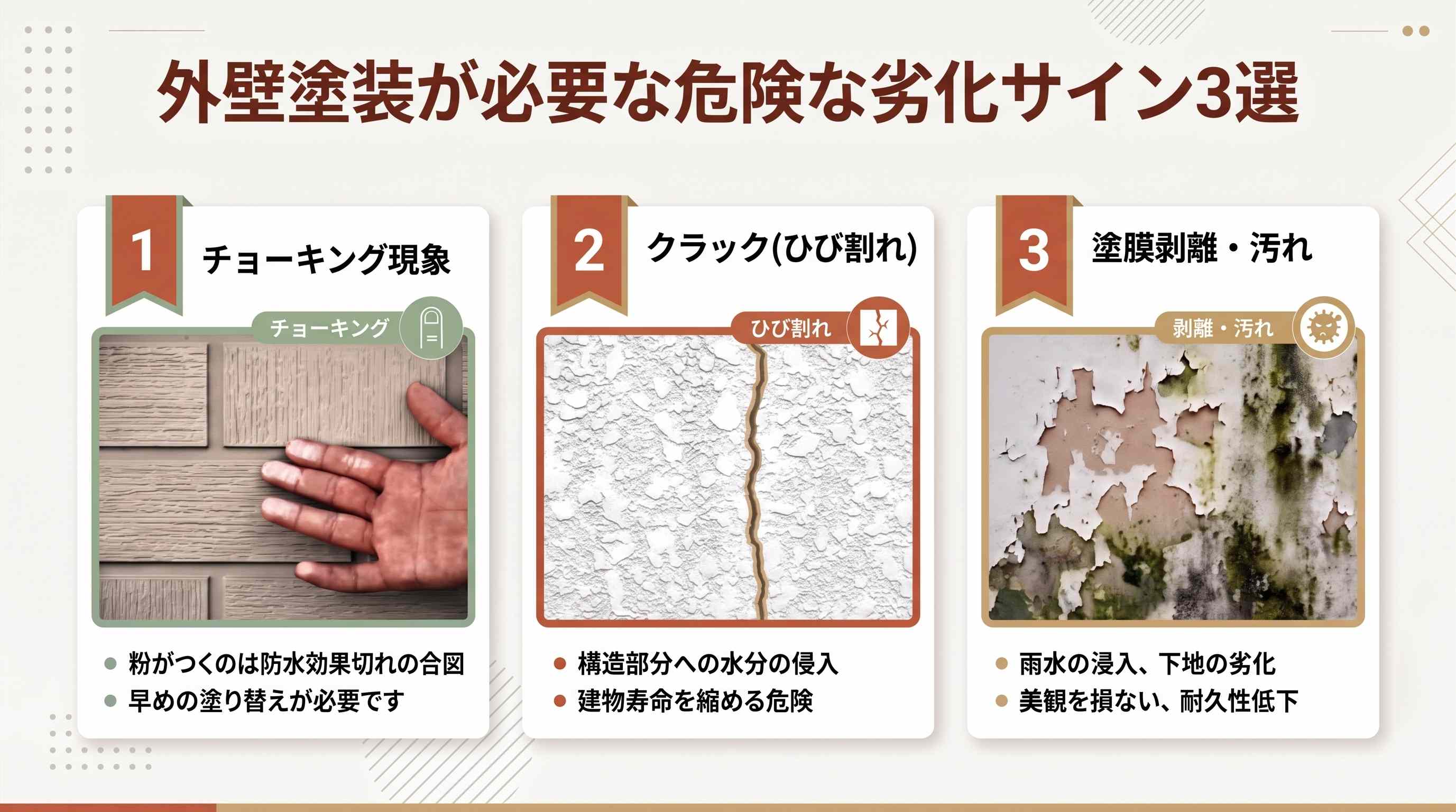 外壁の危険な劣化サイン チョーキング・クラック・塗膜剥離